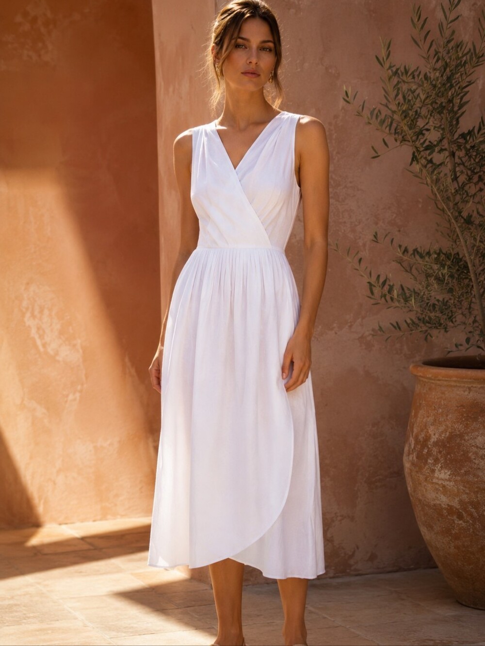 NWT VINCE Sleeveless V-Neck Wrap Side Tie Pleated Midi Dress Optic White XL